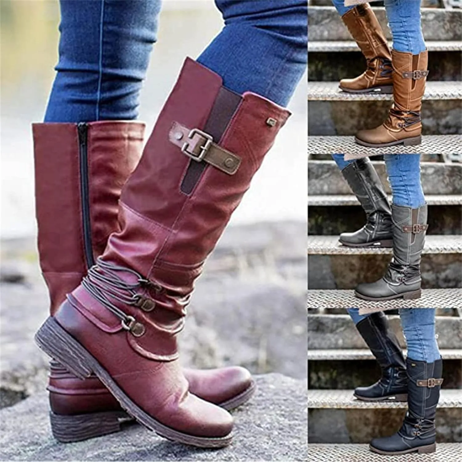 Lausiuoe Boots For Women Knee High Wide Width Cowboy Boots Western Fashion Embroidered Wide Calf Chunky Cowgirl Boots