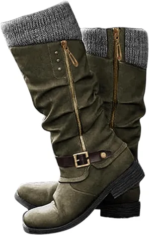 Lausiuoe Boots For Women Low Heel Mid Calf Slouchy Side Zip Flat Booties Wide Calf Western Cowboy Winter Non Slip Outdoor Shoes
