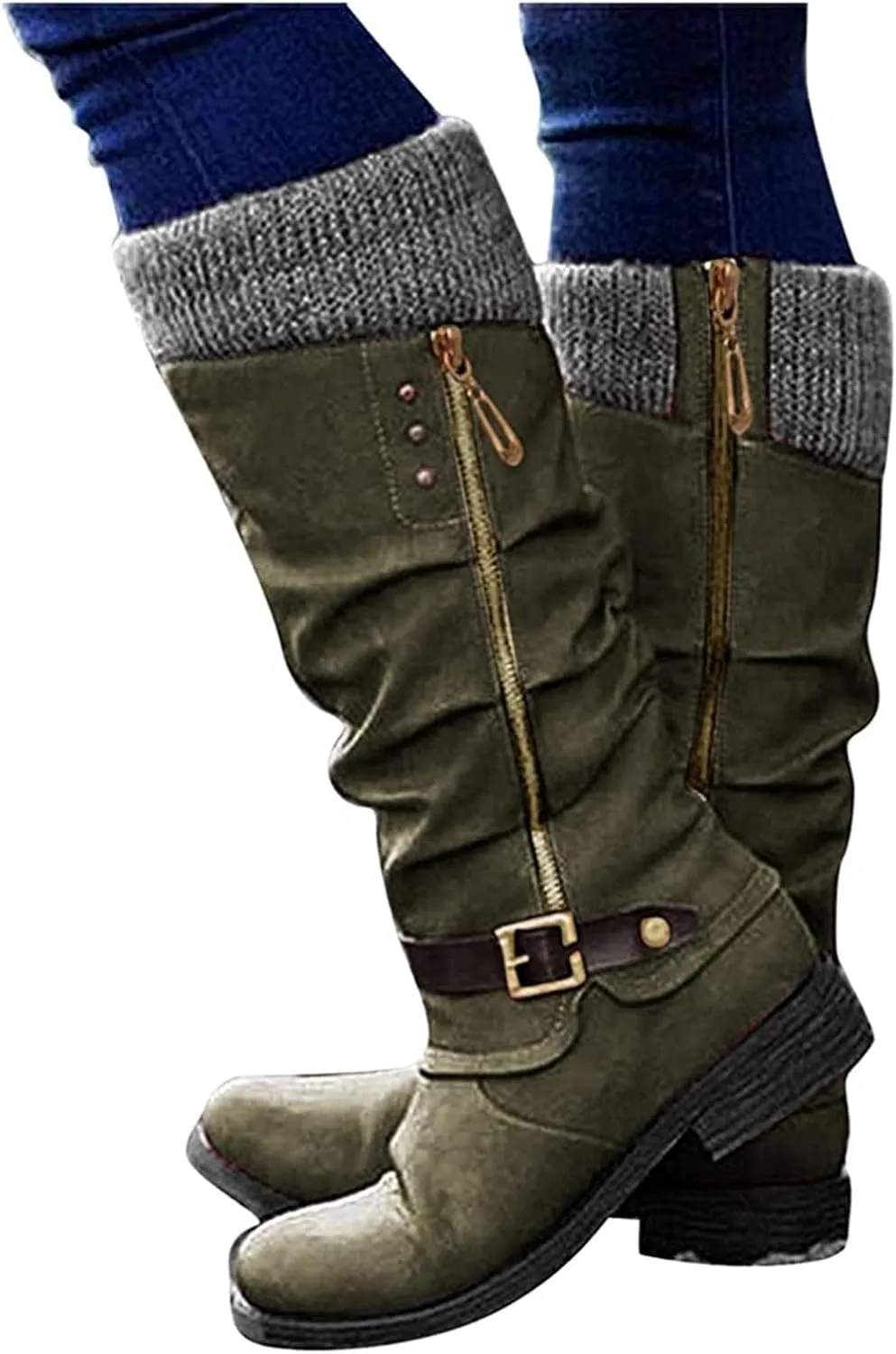 Lausiuoe Boots For Women Low Heel Mid Calf Slouchy Side Zip Flat Booties Wide Calf Western Cowboy Winter Non Slip Outdoor Shoes