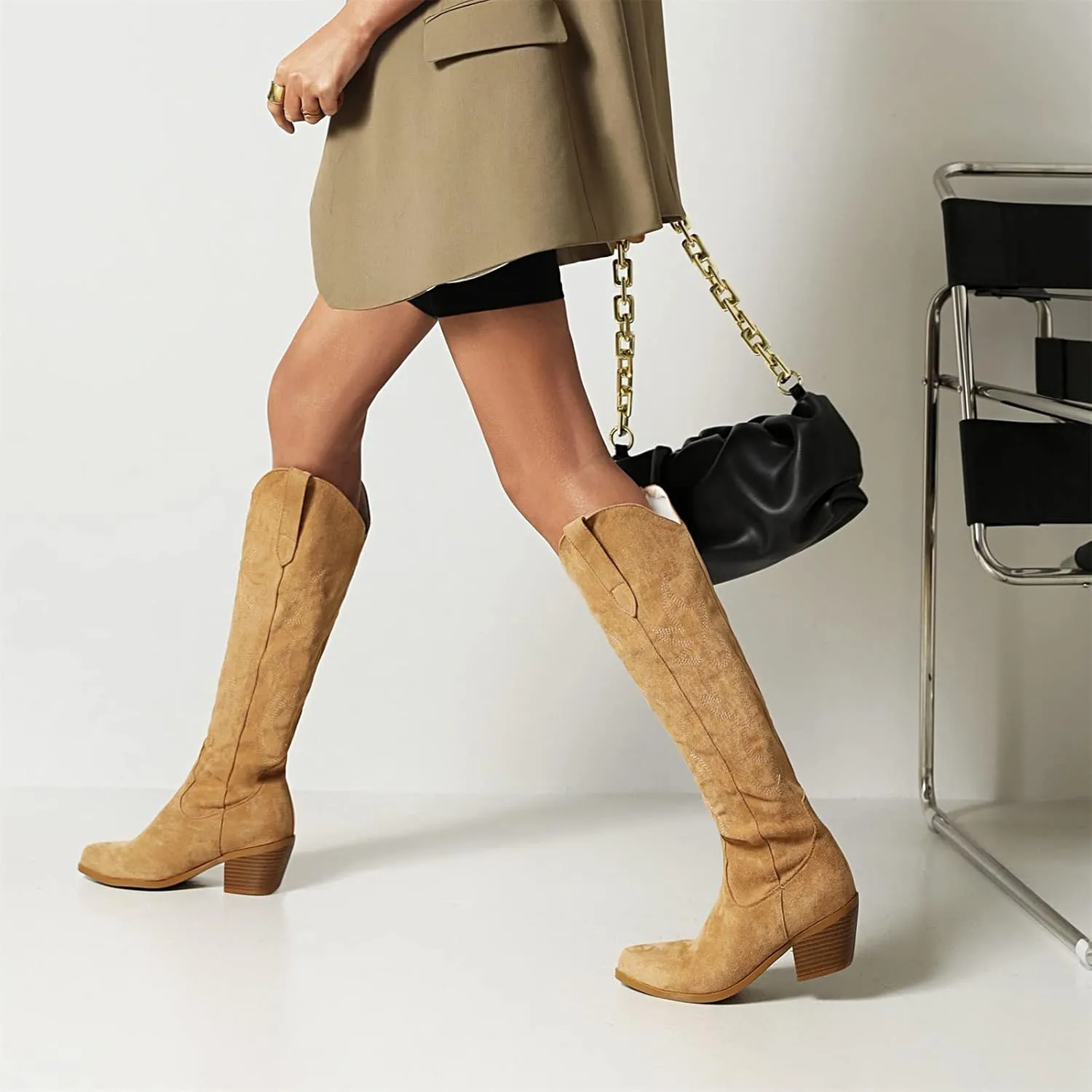Lausiuoe Cowboy Boots For Women Wide Calf Low Heel Western Cowgirl Boots Knee High Embroidered Fashion Retro Boot Pull-On