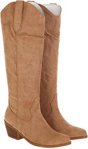 Lausiuoe Cowboy Boots For Women Wide Calf Low Heel Western Cowgirl Boots Knee High Embroidered Fashion Retro Boot Pull-On