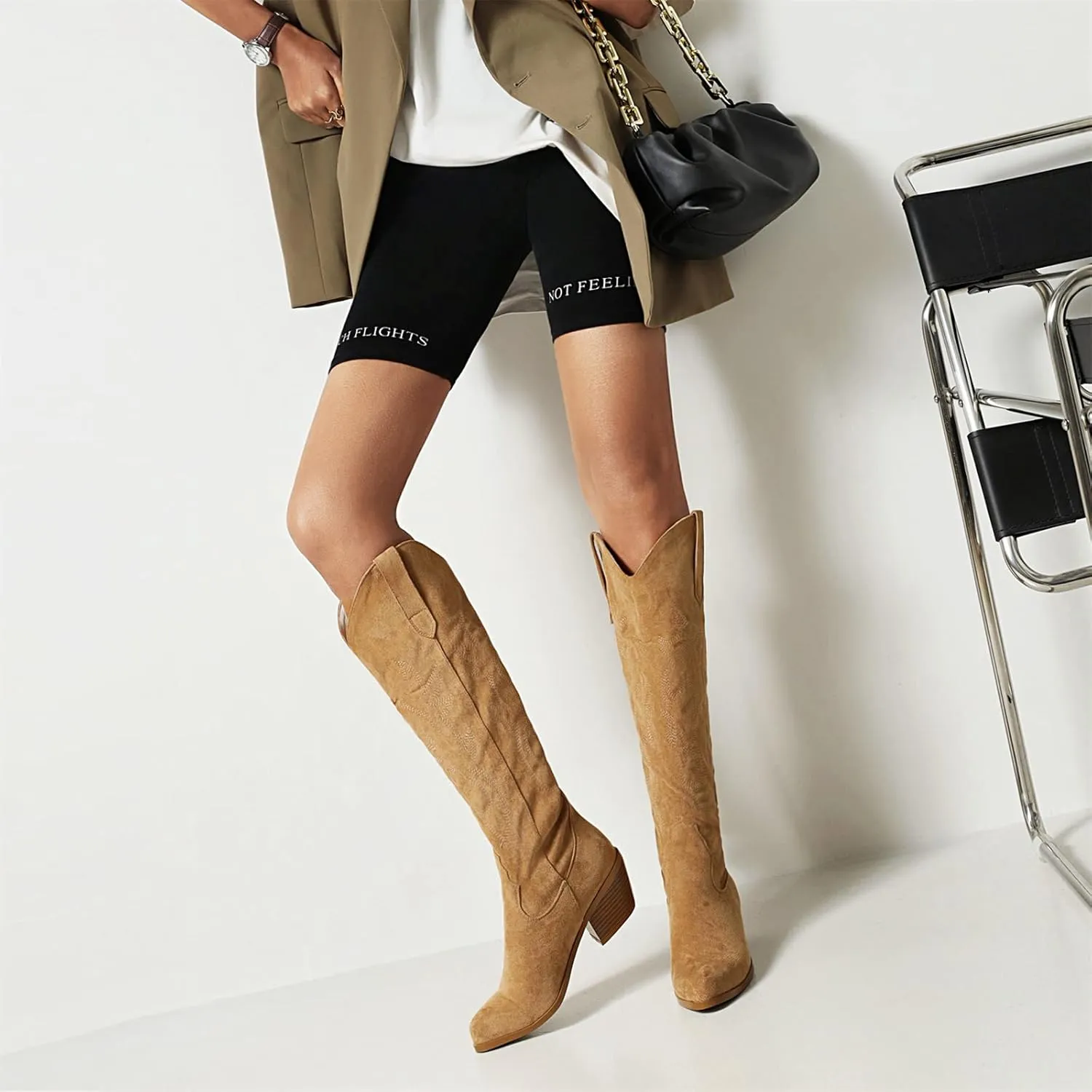 Lausiuoe Cowboy Boots For Women Wide Calf Low Heel Western Cowgirl Boots Knee High Embroidered Fashion Retro Boot Pull-On