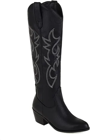 Lausiuoe Cowboy Boots For Women Wide Calf Low Heel Western Cowgirl Boots Knee High Embroidered Fashion Retro Boot Pull-On