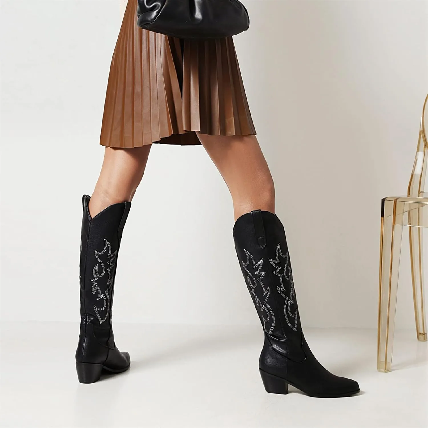 Lausiuoe Cowboy Boots For Women Wide Calf Low Heel Western Cowgirl Boots Knee High Embroidered Fashion Retro Boot Pull-On