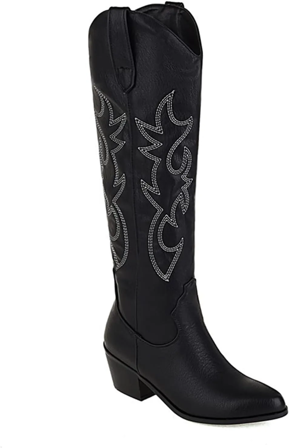 Lausiuoe Cowboy Boots For Women Wide Calf Low Heel Western Cowgirl Boots Knee High Embroidered Fashion Retro Boot Pull-On