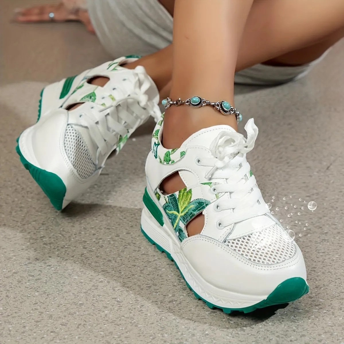Leaf Embroidered Mesh Wedge Sandals - Women's Comfort Casual Sneakers, Lace Up Thick Soled