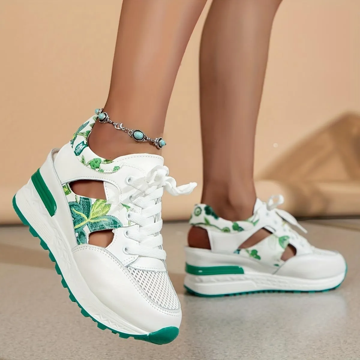 Leaf Embroidered Mesh Wedge Sandals - Women's Comfort Casual Sneakers, Lace Up Thick Soled