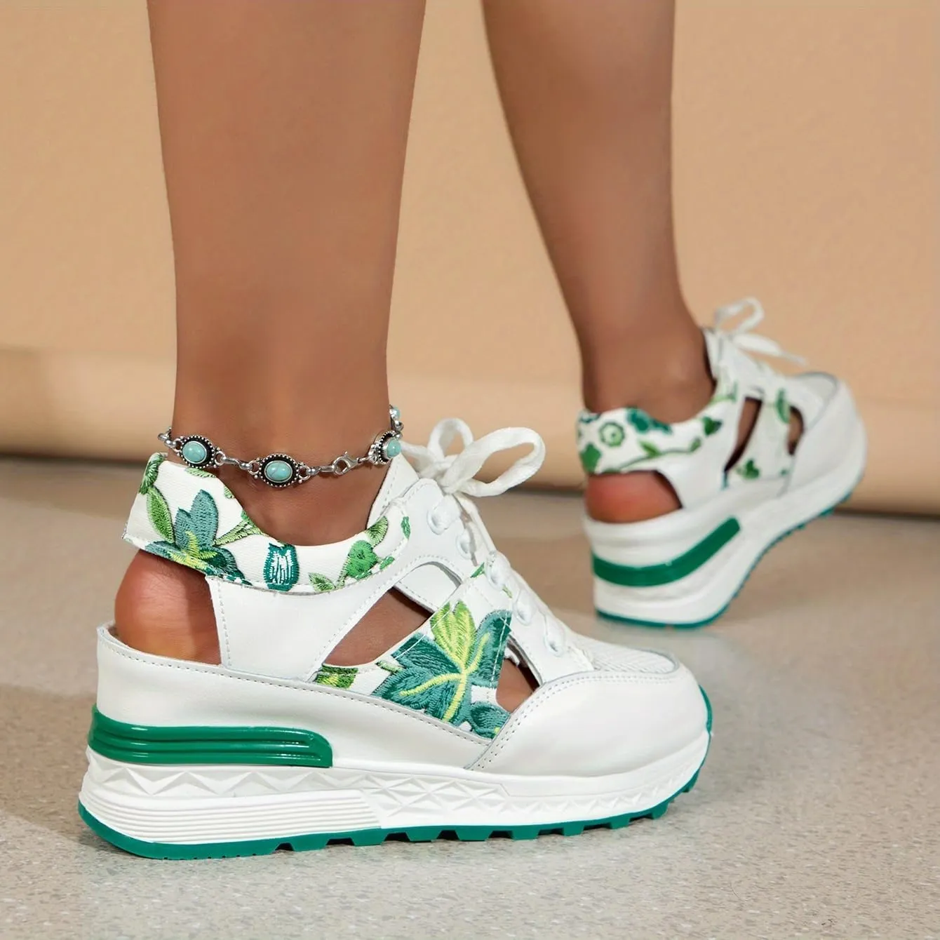 Leaf Embroidered Mesh Wedge Sandals - Women's Comfort Casual Sneakers, Lace Up Thick Soled