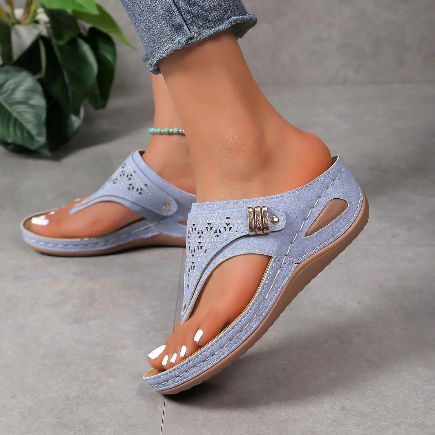 Leather Sandals Women 2025 Summer Comfortable Slip on Orthopedic Sandals Arch Support Wedge Sandal Beach Flip Flops