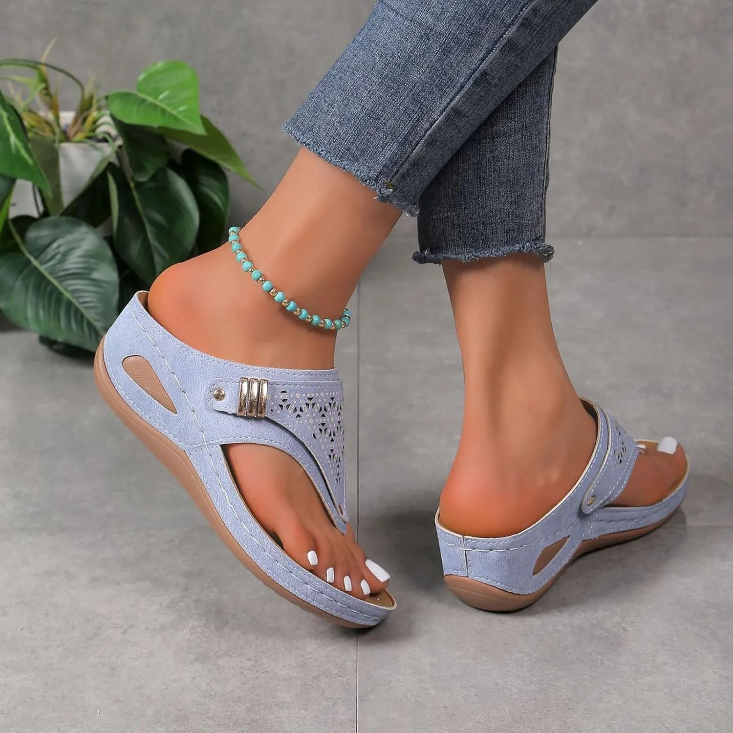 Leather Sandals Women 2025 Summer Comfortable Slip on Orthopedic Sandals Arch Support Wedge Sandal Beach Flip Flops