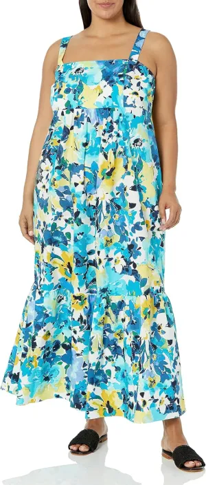 London Times Women's Cotton Smocked Back Babydoll Tiered Maxi Dress