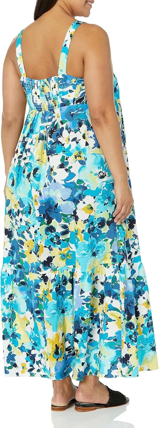 London Times Women's Cotton Smocked Back Babydoll Tiered Maxi Dress