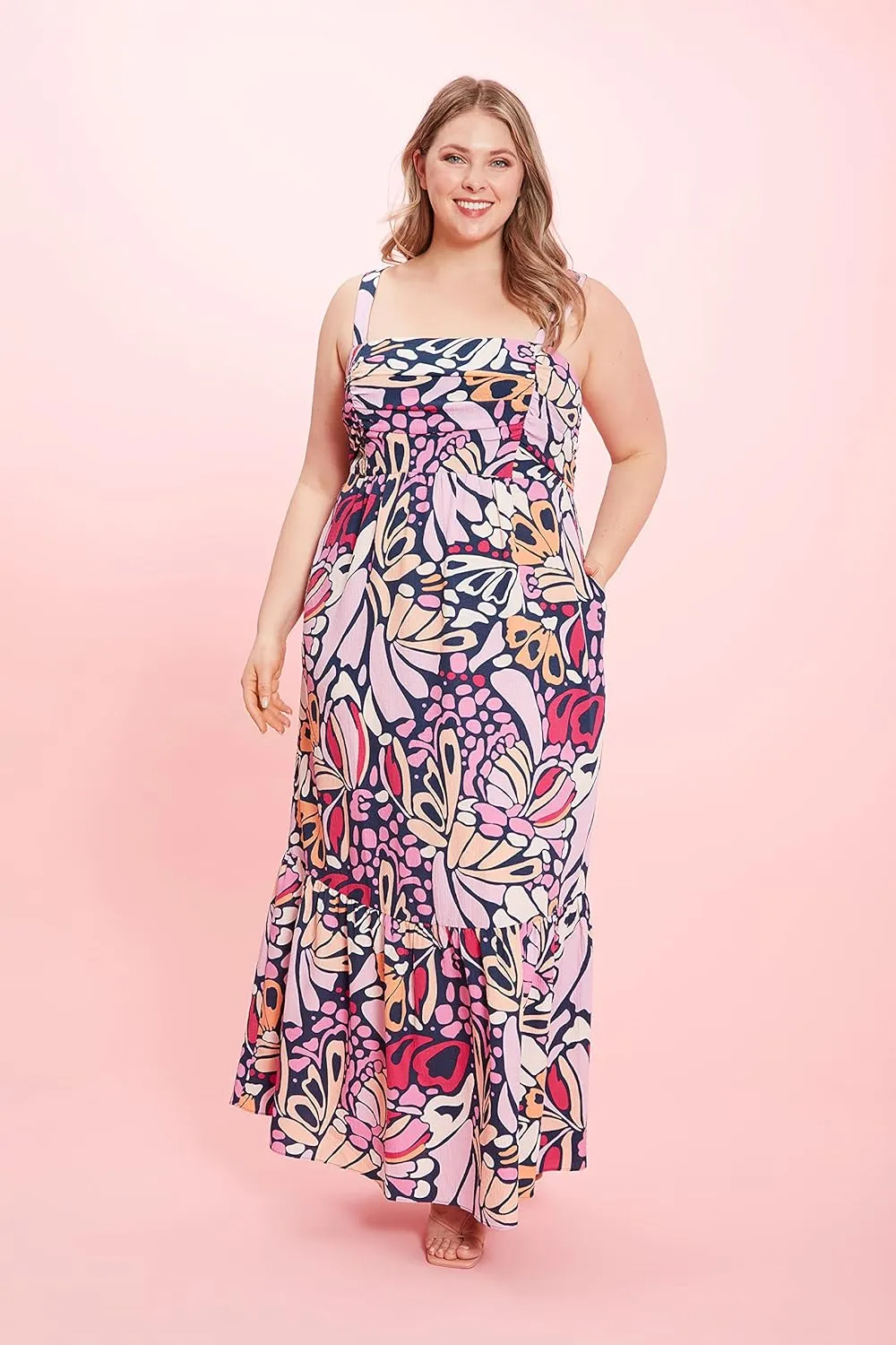 London Times Women's Petite Smocked Back Babydoll Tiered Maxi Dress