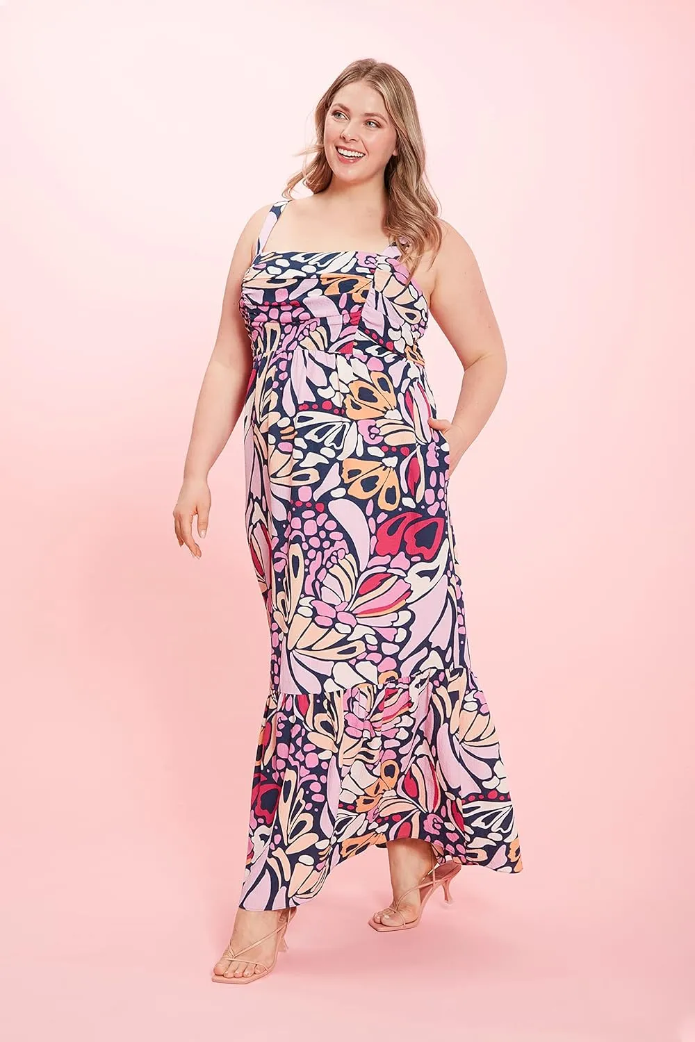 London Times Women's Petite Smocked Back Babydoll Tiered Maxi Dress