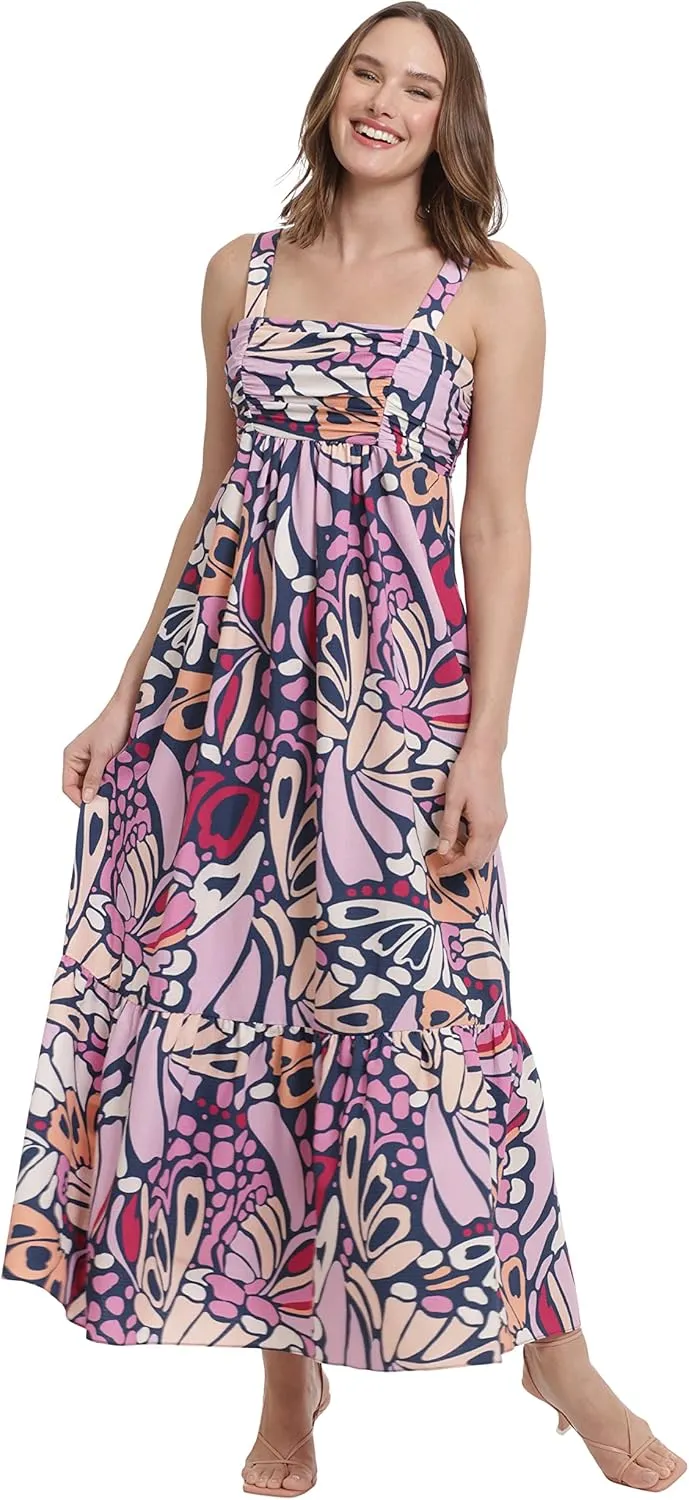 London Times Women's Petite Smocked Back Babydoll Tiered Maxi Dress