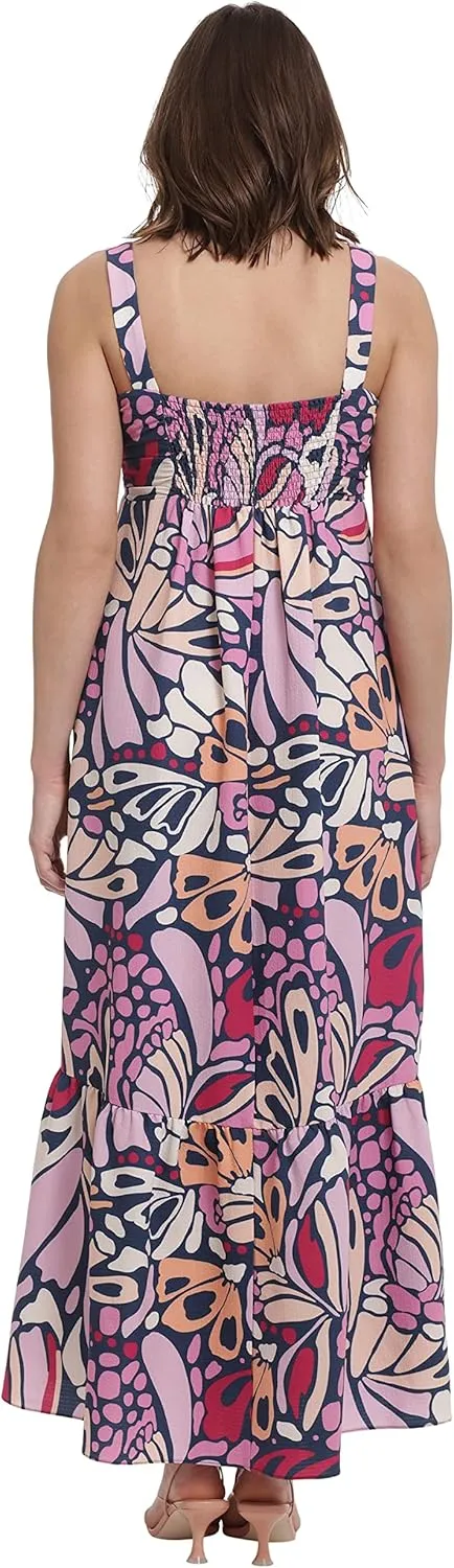 London Times Women's Petite Smocked Back Babydoll Tiered Maxi Dress