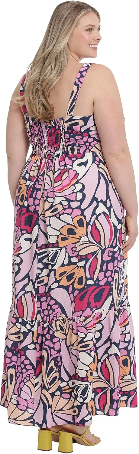 London Times Women's Petite Smocked Back Babydoll Tiered Maxi Dress