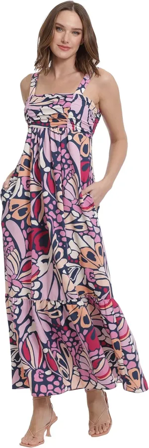 London Times Women's Petite Smocked Back Babydoll Tiered Maxi Dress