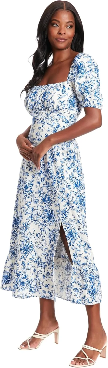 London Times Women's Square Neck Smocked Back Linen Blend Flattering Versatile Spring Summer Garden Party Dress