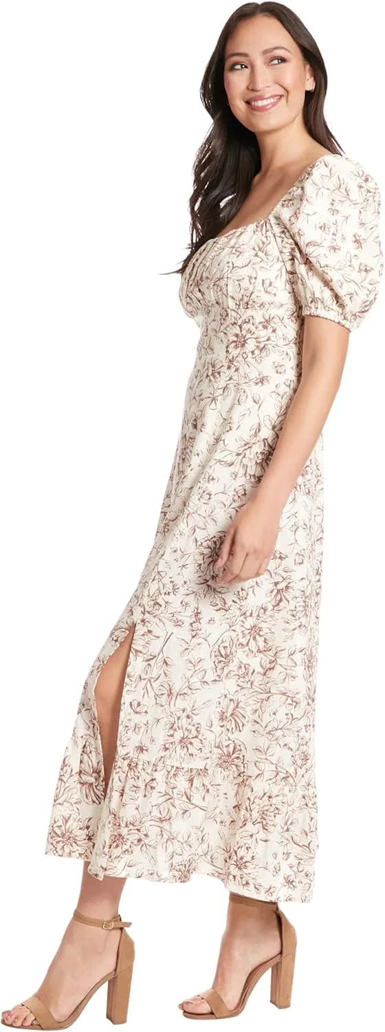 London Times Women's Square Neck Smocked Back Linen Blend Flattering Versatile Spring Summer Garden Party Dress