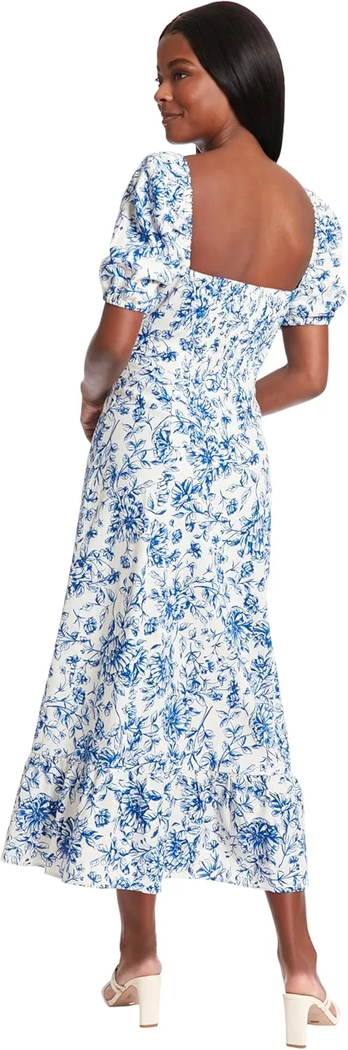 London Times Women's Square Neck Smocked Back Linen Blend Flattering Versatile Spring Summer Garden Party Dress