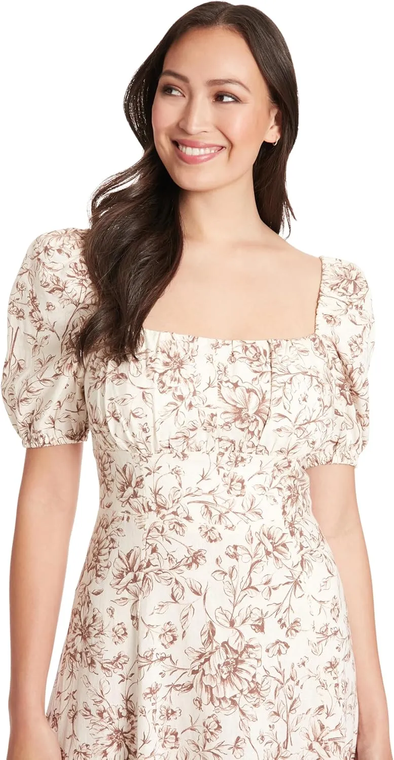 London Times Women's Square Neck Smocked Back Linen Blend Flattering Versatile Spring Summer Garden Party Dress