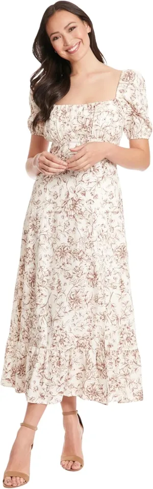 London Times Women's Square Neck Smocked Back Linen Blend Flattering Versatile Spring Summer Garden Party Dress