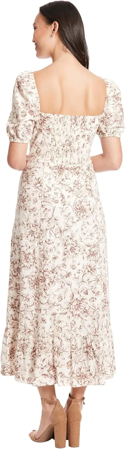 London Times Women's Square Neck Smocked Back Linen Blend Flattering Versatile Spring Summer Garden Party Dress