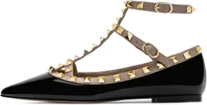 Lymphvity Women's Closed Pointed Toe Studs T-Strap Flat Shoes Fashion Adjustable Ankle Strap Rivet Gladiator Flats Dress Shoes for Work Party