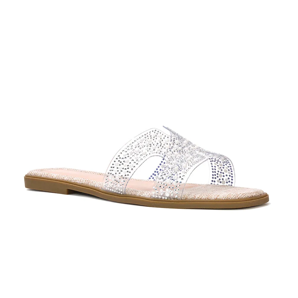 Mae Sparkly Rhinestone Slip On Perspex Flat Summer Sandal Slides in Black