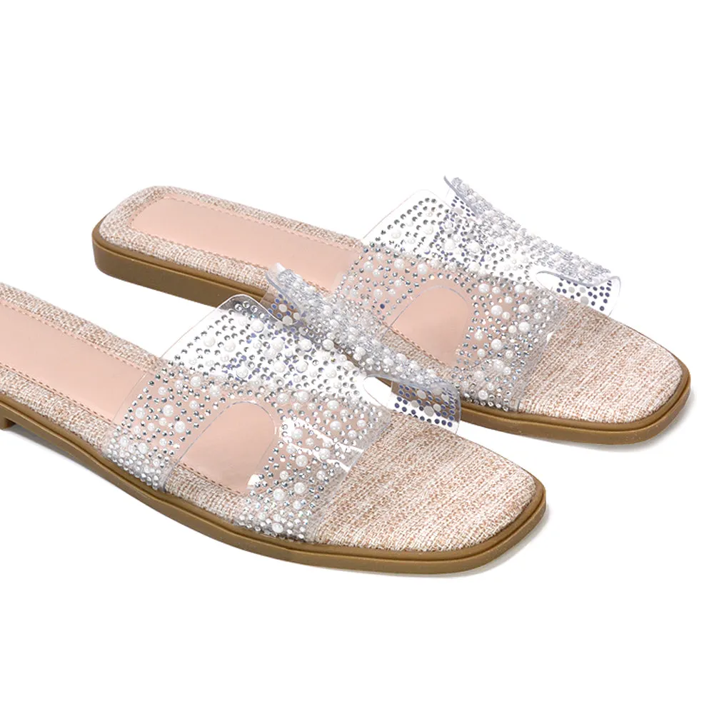 Mae Sparkly Rhinestone Slip On Perspex Flat Summer Sandal Slides in Black