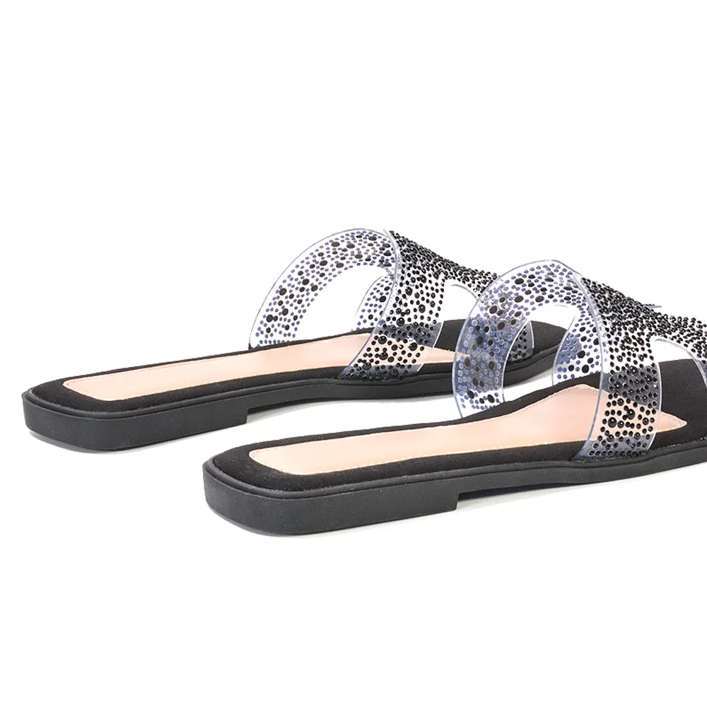Mae Sparkly Rhinestone Slip On Perspex Flat Summer Sandal Slides in Black