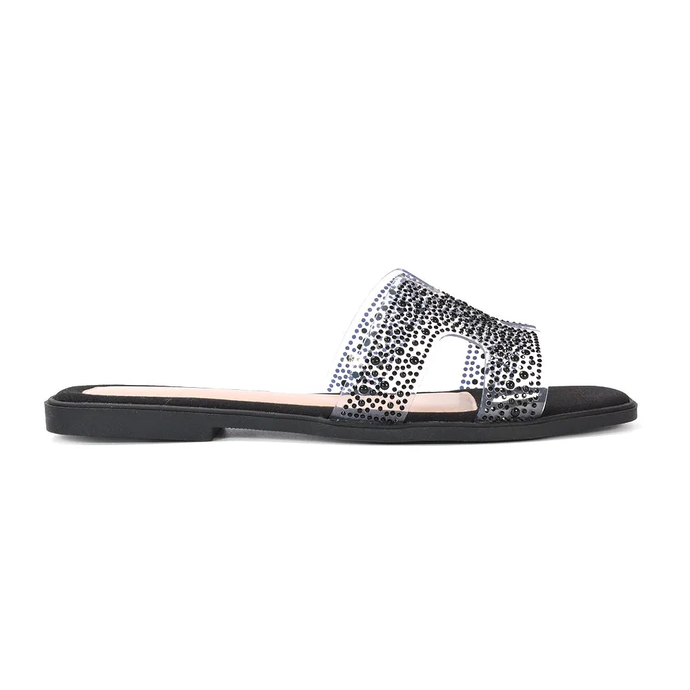 Mae Sparkly Rhinestone Slip On Perspex Flat Summer Sandal Slides in Black