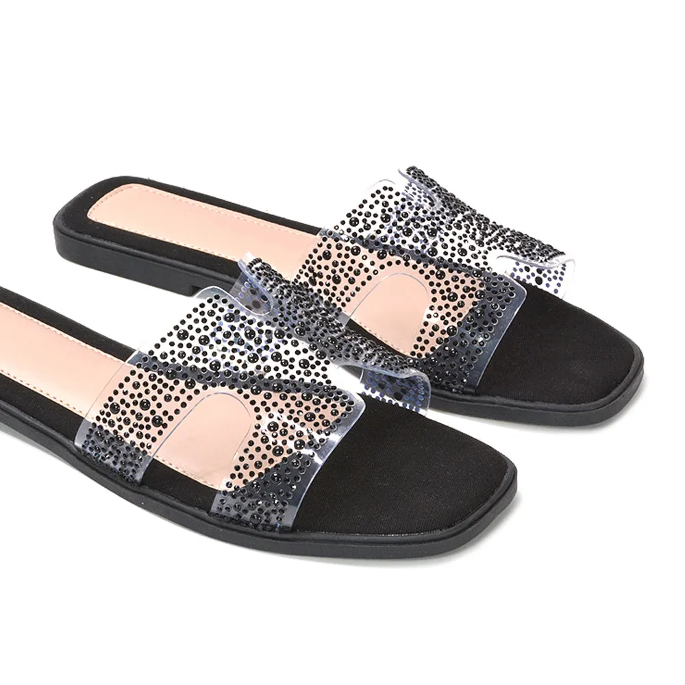 Mae Sparkly Rhinestone Slip On Perspex Flat Summer Sandal Slides in Black