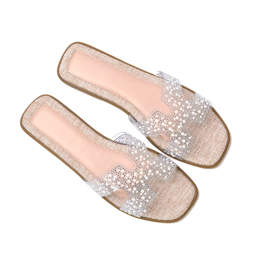 Mae Sparkly Rhinestone Slip On Perspex Flat Summer Sandal Slides in Black