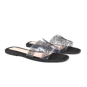 Mae Sparkly Rhinestone Slip On Perspex Flat Summer Sandal Slides in Black