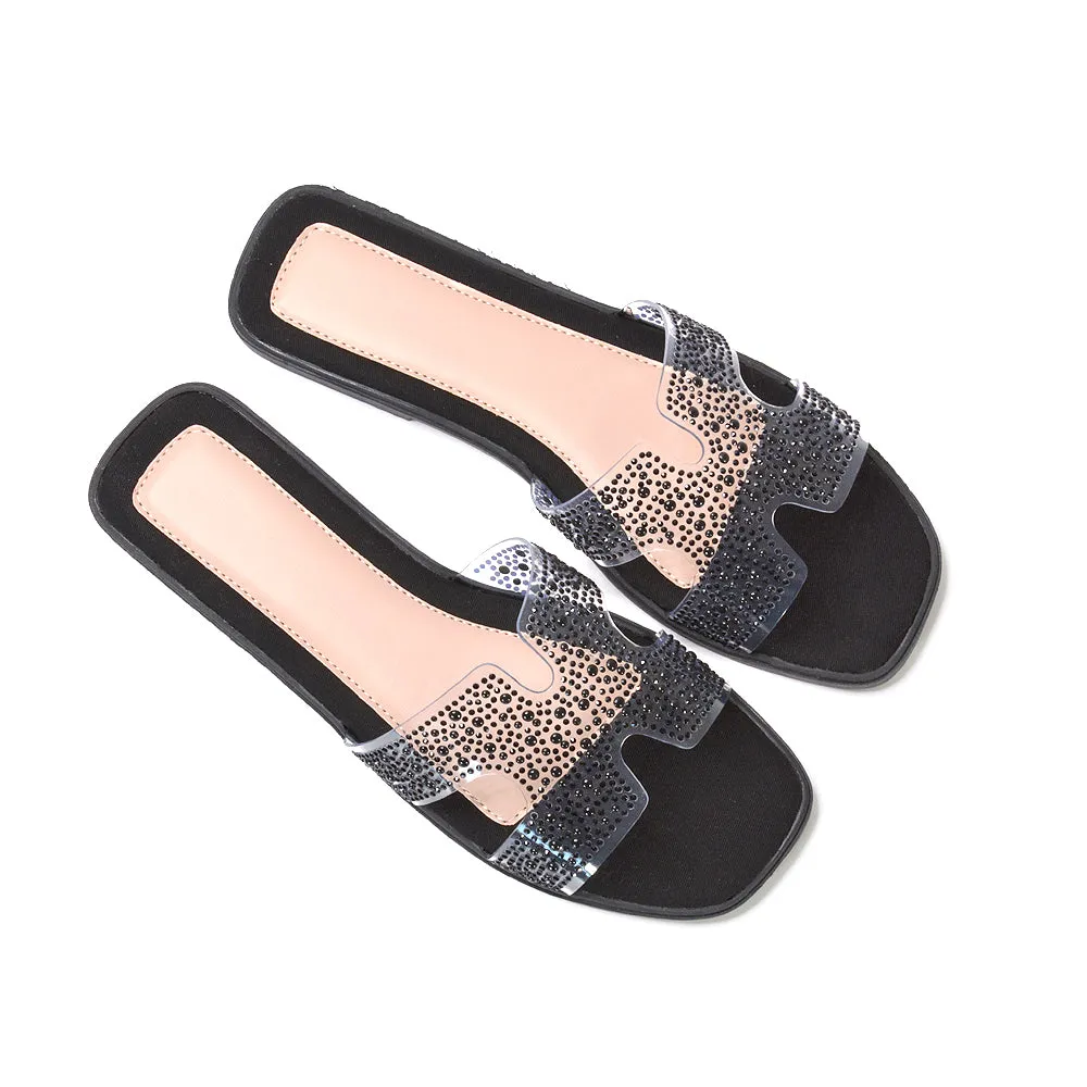 Mae Sparkly Rhinestone Slip On Perspex Flat Summer Sandal Slides in Black