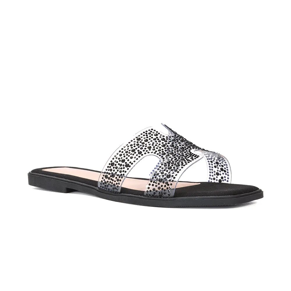 Mae Sparkly Rhinestone Slip On Perspex Flat Summer Sandal Slides in Black