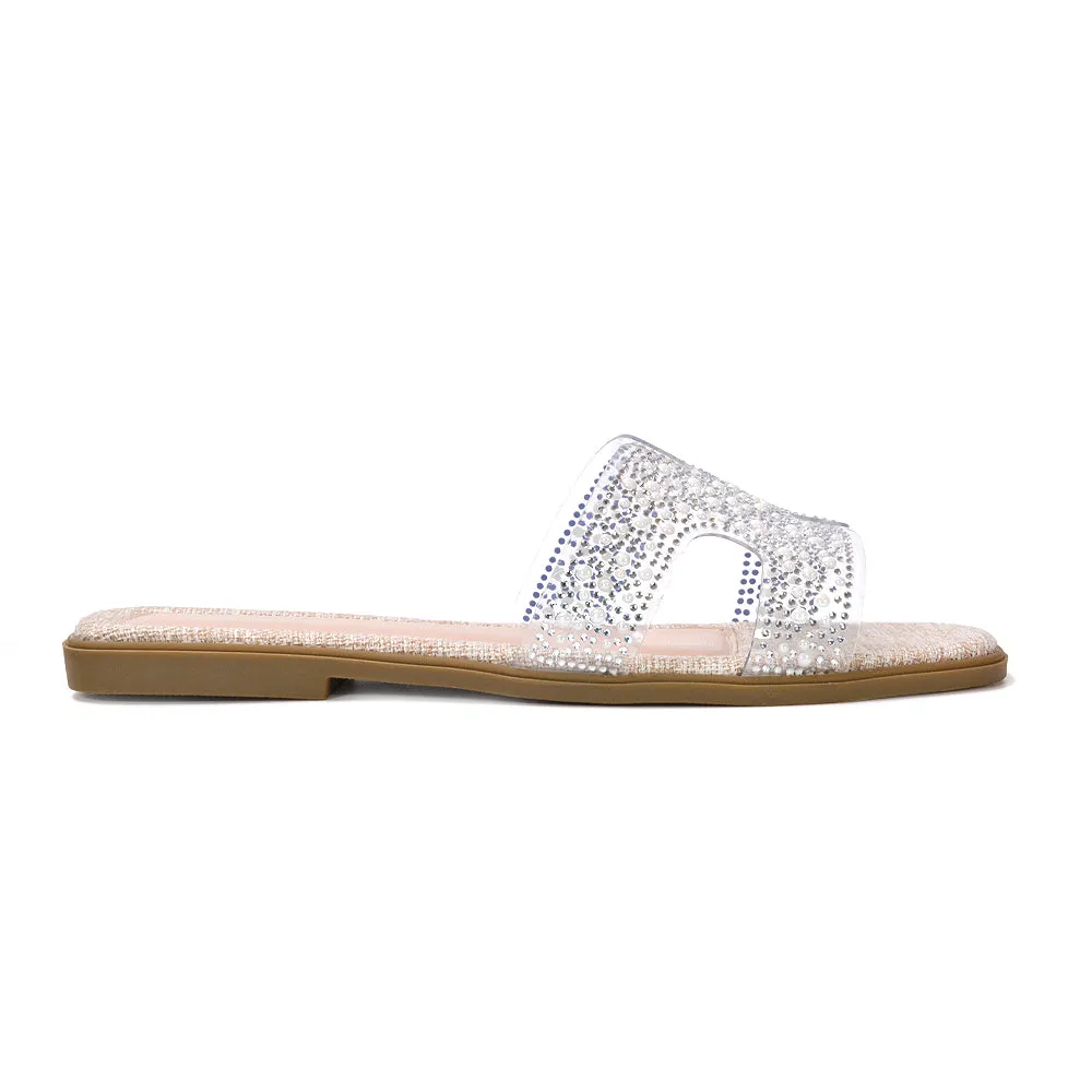Mae Sparkly Rhinestone Slip On Perspex Flat Summer Sandal Slides in Black