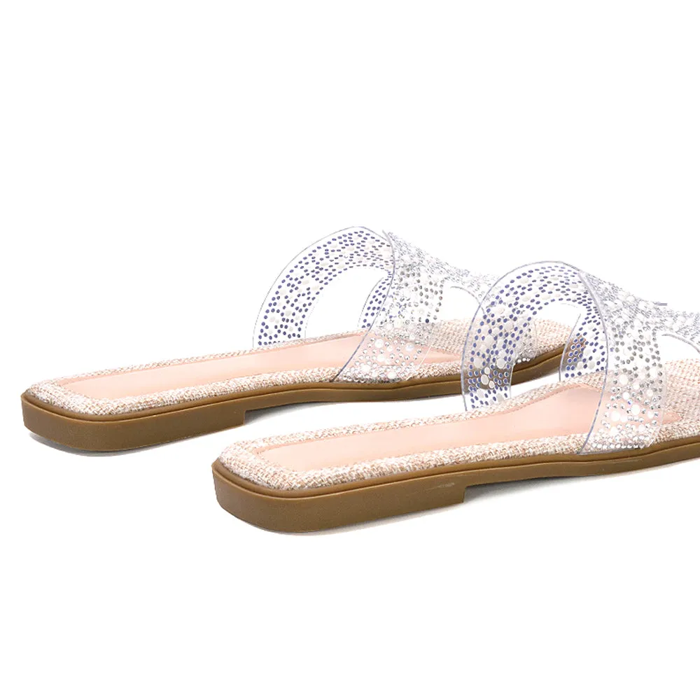 Mae Sparkly Rhinestone Slip On Perspex Flat Summer Sandal Slides in Black
