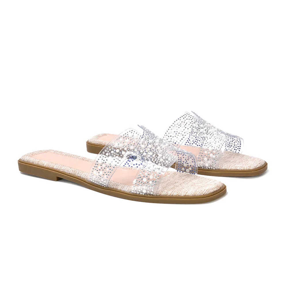 Mae Sparkly Rhinestone Slip On Perspex Flat Summer Sandal Slides in Black