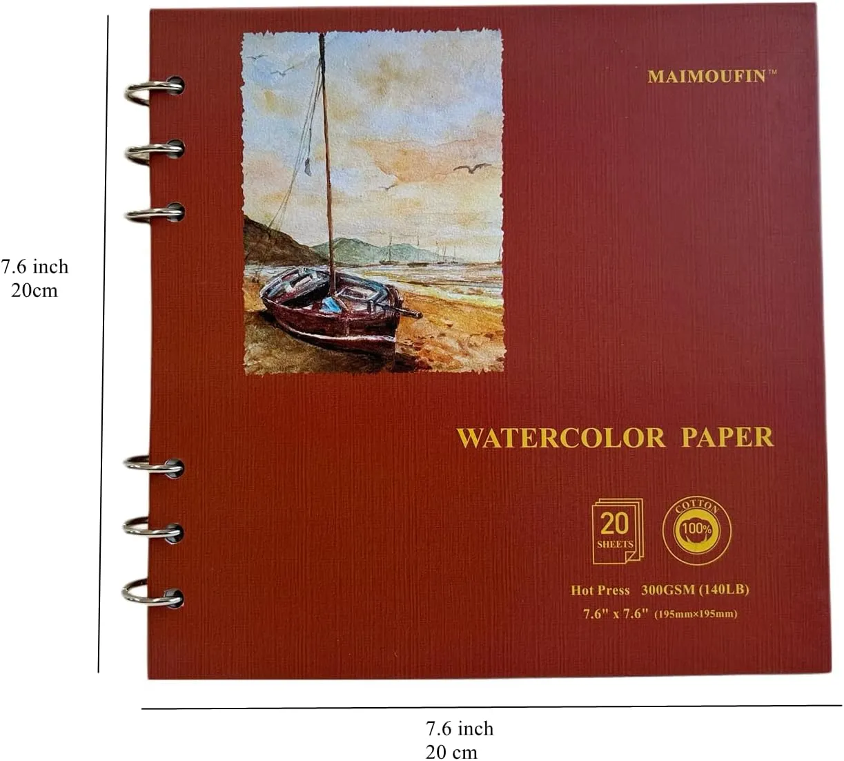 MAIMOUFIN Watercolor Journal,100% Cotton Watercolor Paper, 7.6" x 7.6", 20 Sheets（140LB/300GSM） Hot Press, Hardcover Square Loose-Leaf Watercolor Sketchbook for Artists, Art Lovers (hot Press)