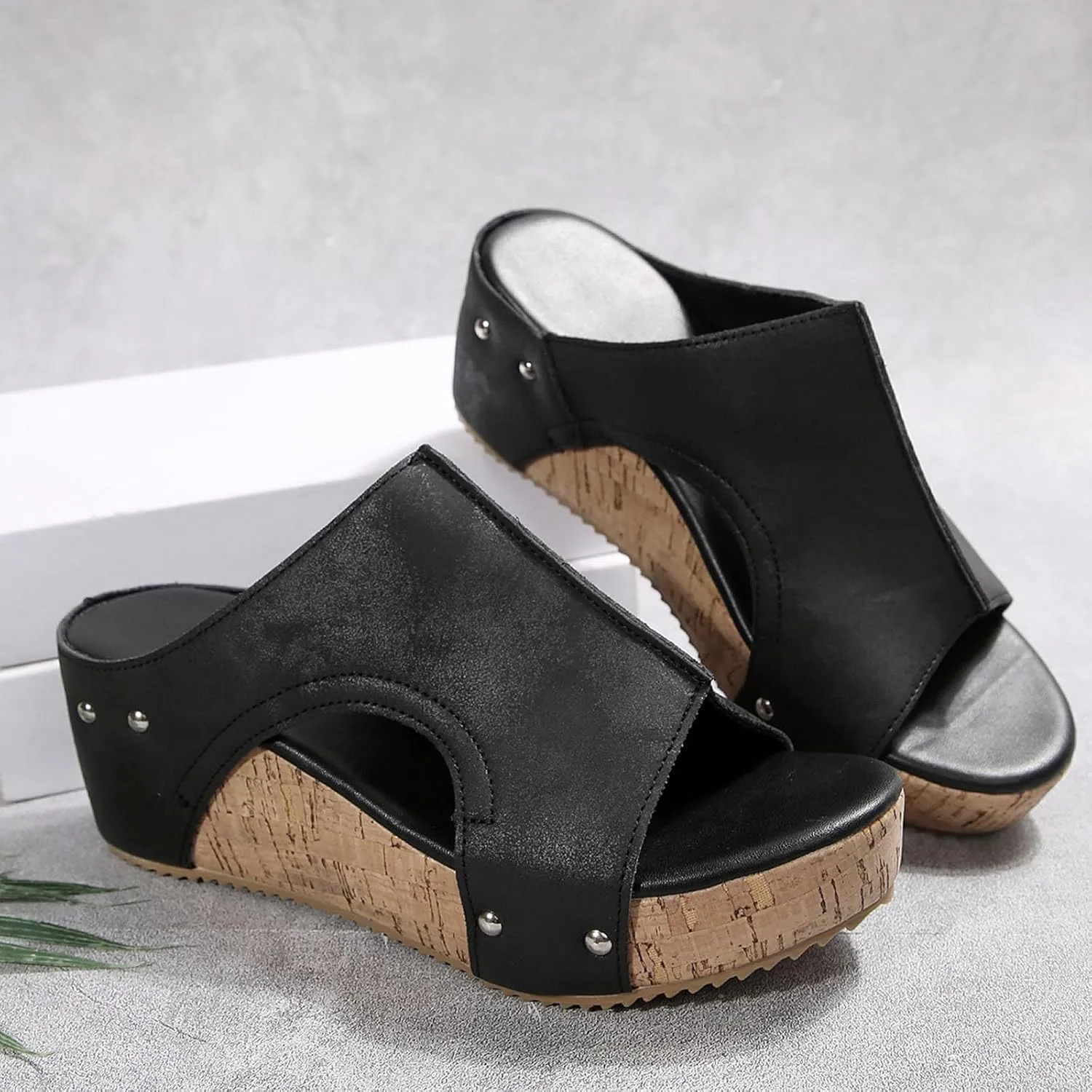 Maison Birch Lumi Cork Wedges & Platform Slides, Women's Thick Sole Comfy Leather Wedge Non-slip Summer Sandals