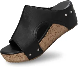 Maison Birch Lumi Cork Wedges & Platform Slides, Women's Thick Sole Comfy Leather Wedge Non-slip Summer Sandals