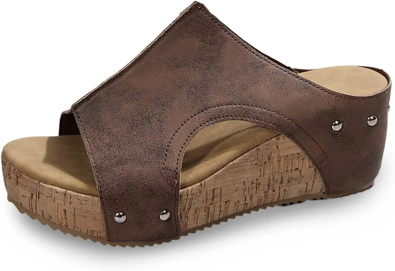 Maison Birch Lumi Cork Wedges & Platform Slides, Women's Thick Sole Comfy Leather Wedge Non-slip Summer Sandals