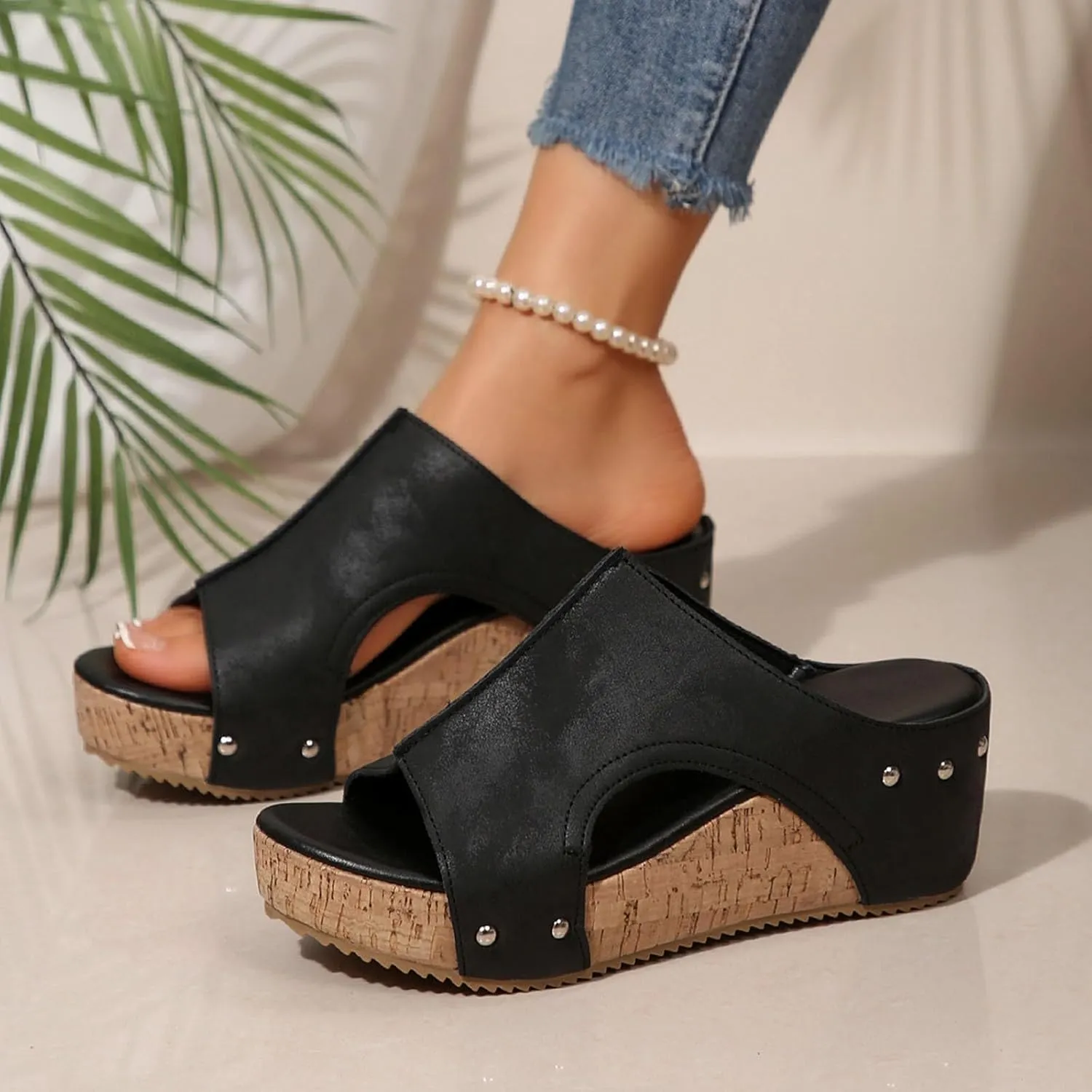 Maison Birch Lumi Cork Wedges & Platform Slides, Women's Thick Sole Comfy Leather Wedge Non-slip Summer Sandals