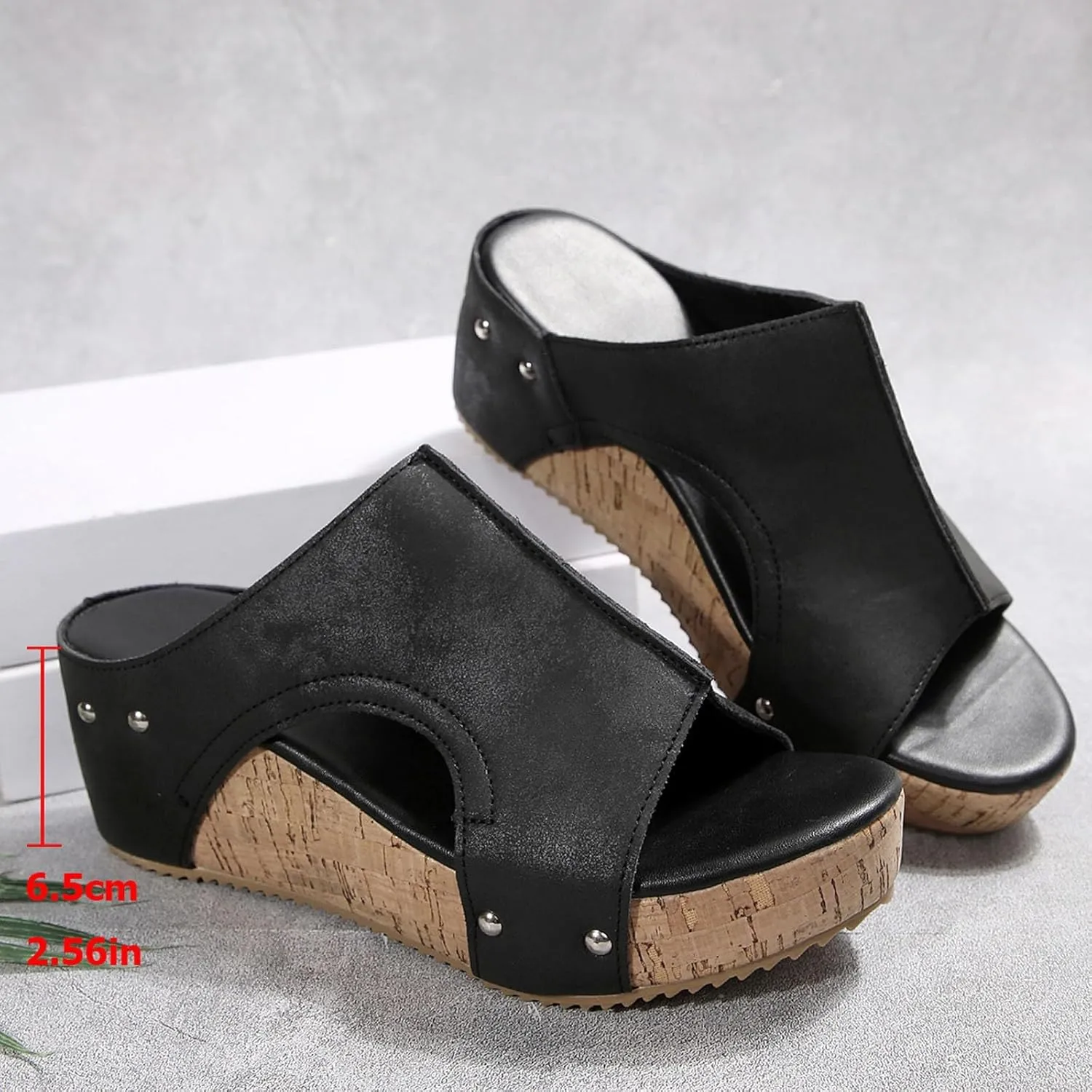 Maison Birch Lumi Cork Wedges & Platform Slides, Women's Thick Sole Comfy Leather Wedge Non-slip Summer Sandals