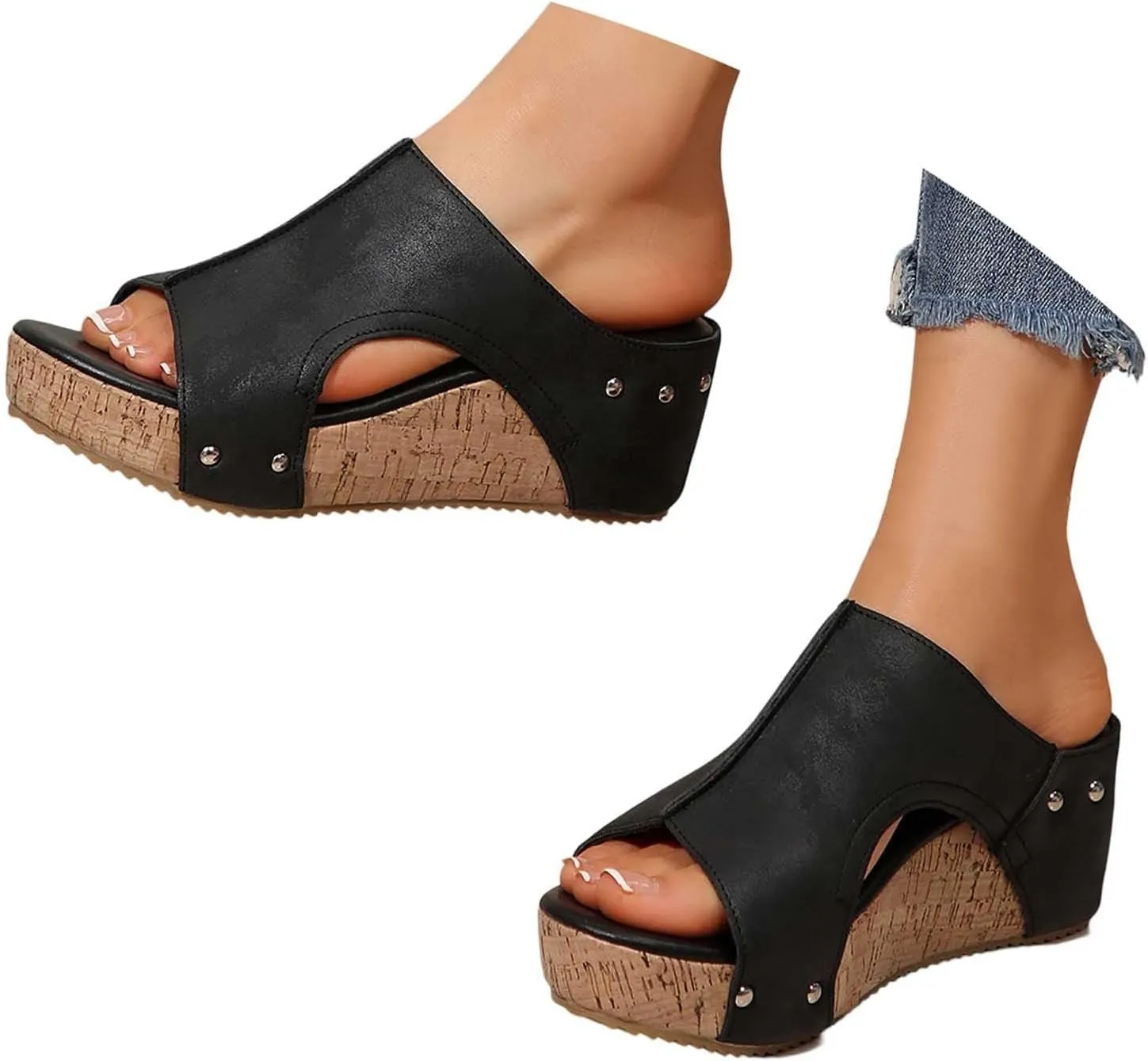 Maison Birch Lumi Cork Wedges & Platform Slides, Women's Thick Sole Comfy Leather Wedge Non-slip Summer Sandals