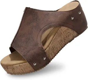 Maison Birch Lumi Cork Wedges & Platform Slides, Women's Thick Sole Comfy Leather Wedge Non-slip Summer Sandals