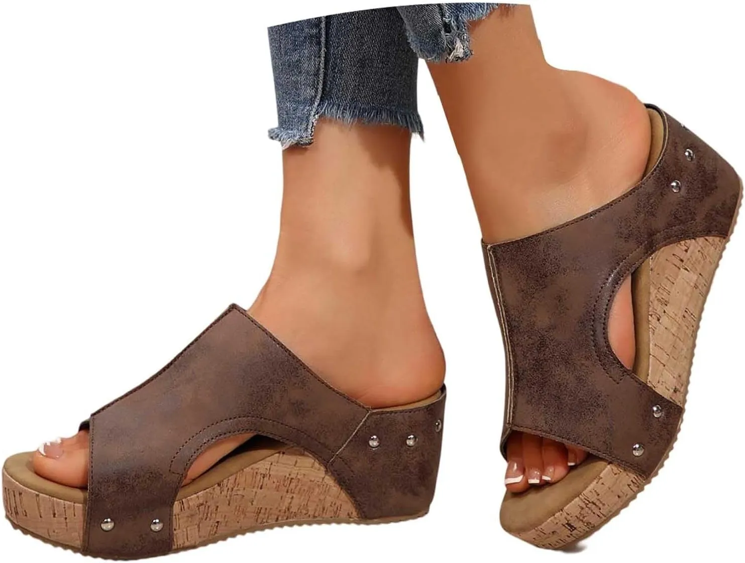 Maison Birch Lumi Cork Wedges & Platform Slides, Women's Thick Sole Comfy Leather Wedge Non-slip Summer Sandals